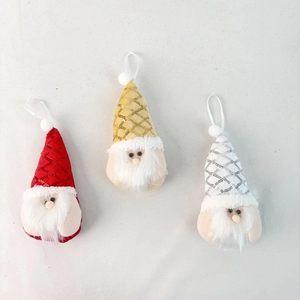Three plush Christmas gnomes with sequins and white hanging loops for tree decoration