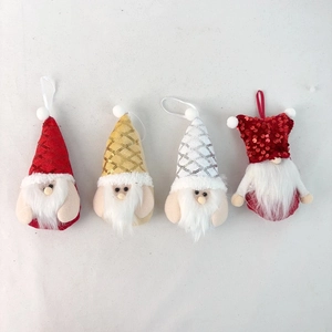 Set of four plush Christmas gnome ornaments with sequins and long white beards