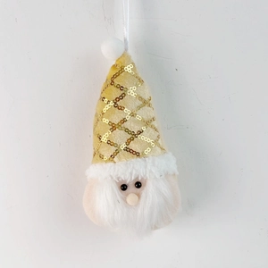 Detail of Christmas gnome pendant with golden sequin mesh hat and white long beard