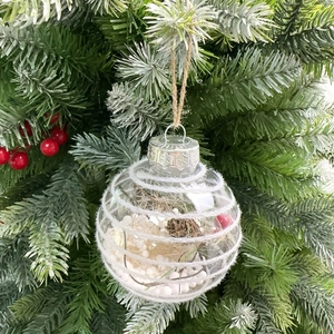 Close-up of clear 8cm Christmas ball with pine cones and berries on tree branch