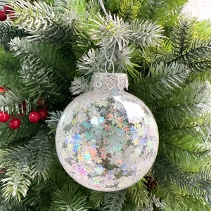 8cm clear Christmas ball ornament with colorful laser snowflake sequins hanging on tree