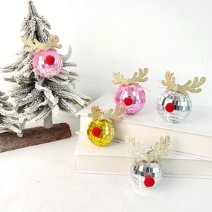 Detail of disco mirror reindeer balls with antlers for Christmas tree hanging decoration