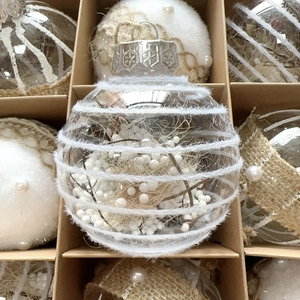 Detailed grid view of 8cm champagne Christmas balls with fur stripes and pearls