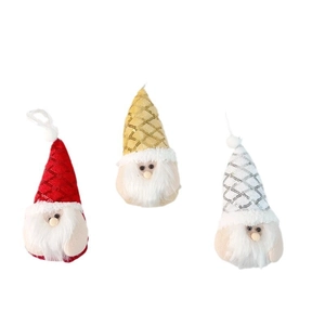 Three plush Christmas gnomes hanging ornaments with red, gold, and silver sequin hats