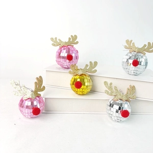 Disco mirror ball Christmas ornaments with golden reindeer antlers in assorted colors