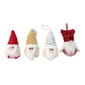 Set of four Christmas gnome ornaments with sequined hats and long white beards