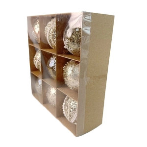 Set of 9 gold and silver 8cm Christmas balls with glitter patterns in a kraft gift box