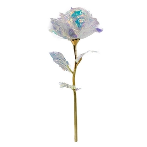 Holographic galaxy rose with golden stem and leaves for Valentine's Day decor gift