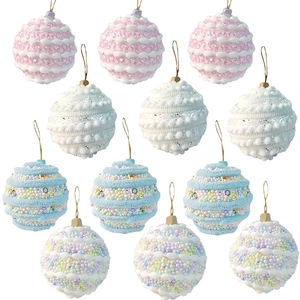 Set of 12 assorted macaron-colored Christmas foam balls with textures and golden strings