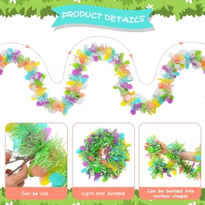 Detail of colorful macaron tinsel garland showing flexible trimming and styling features