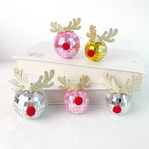 Disco mirror ball reindeer ornaments with gold glitter antlers and red nose for Christmas tree