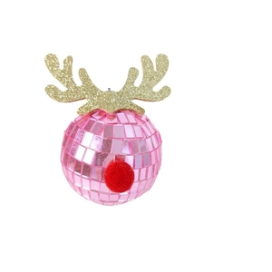 Close-up of pink disco ball reindeer ornament with gold glitter antlers and red nose