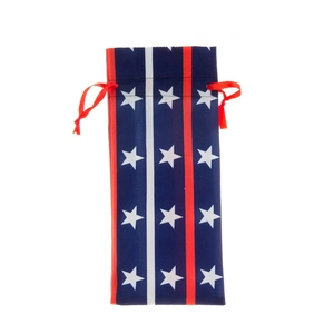 Detail of USA flag wine bottle gift bag with red drawstring and star pattern