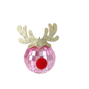 Close-up of pink disco ball reindeer ornament with gold glitter antlers and red nose