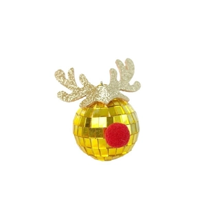 Macro shot of gold reindeer disco ball ornament with glitter antlers and a red nose