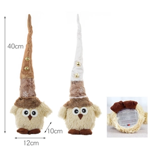 Luminous 40cm owl plush ornament with long snowflake hat and golden bell decoration