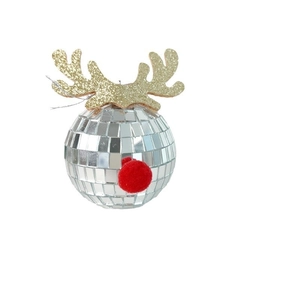 Close-up of disco ball reindeer ornament with golden antlers and a red pompom nose