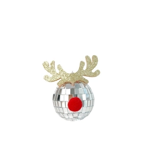 Close-up of reindeer disco ball ornament with silver mirrors and sparkling gold antlers