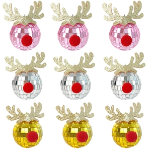 Detail of nine reindeer disco balls in pink silver and gold with glitter antlers