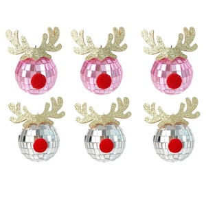 Set of 6 Christmas disco ball ornaments with glittery reindeer antlers and red plush noses