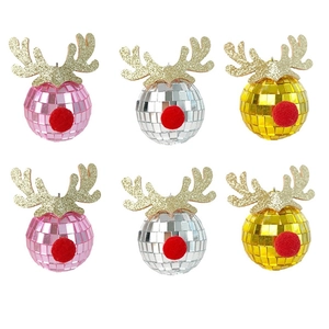 Detail view of 6-piece disco ball ornaments with gold reindeer antlers and red nose
