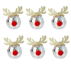 Close-up of six disco ball reindeer ornaments with silver mirrors and gold antlers