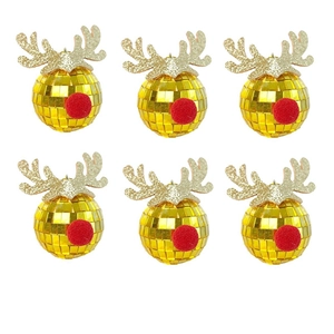 Set of 6 gold disco ball reindeer ornaments with red nose for Christmas tree decor