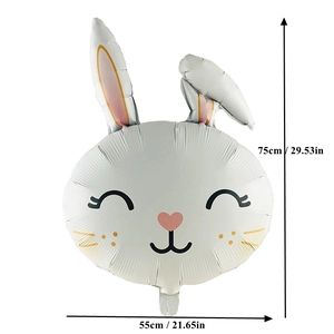 Detail view of 75cm white rabbit foil balloon showing cute cartoon face and dimensions