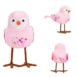 Pink plush Easter bird figurine set with floral heart patches and long wire legs