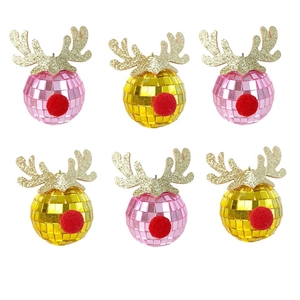 Set of 6 Christmas disco mirror balls with reindeer antlers for party tree decorations