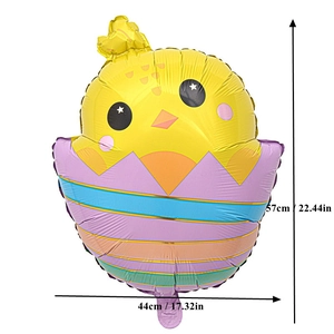 Detail view of hatching chick foil balloon for Easter with dimensions 57cm by 44cm