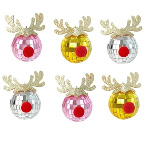 Detail view of 6pcs disco ball Christmas ornaments with reindeer antlers and red noses