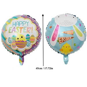 Detailed view of 18 inch Happy Easter foil balloons with bunny and chick patterns