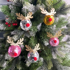 Disco mirror ball reindeer ornaments with gold glitter antlers for Christmas tree decor