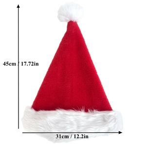 Detaillierte Maße der roten Plüsch-Weihnachtsmütze mit weißem Pelzbesatz und Bommel