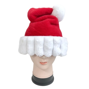 Thick plush Santa hat with faux fur trim and white pompom on a mannequin head