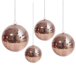 Rose gold disco mirror ball ornaments in four sizes for wedding and party decorations
