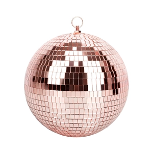Detailed view of rose gold disco mirror ball with small glass tiles and hanging ring