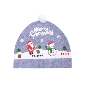 Detail of grey felt Christmas car seat cover with Merry Christmas print and pom-pom