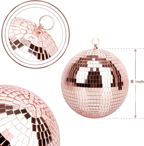 Detail of 8 inch rose gold mirror disco ball with hanging loop for party decor