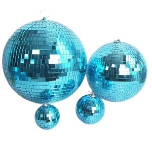 Blue mirrored disco ball hanging decorations in four different sizes on white background