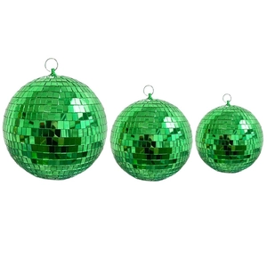 Three sizes of green reflective disco balls with glass mirrors and metal hanging loops