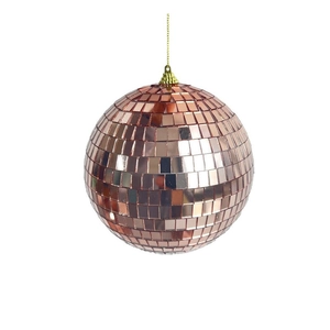 Macro detail of rose gold disco mirror ball with small glass tiles and hanging cord