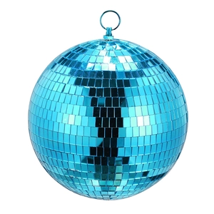 Detail of blue disco mirror ball with square glass tiles and metal hanging screw ring