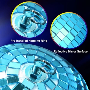 Blue mirror disco ball with reinforced metal hanging ring for festive party decorations