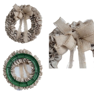 Detailed views of double-layer burlap wreath showing green frame and large rustic bow