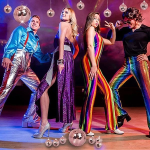 Disco party outfits with silver metallic overalls and sequin dresses in dance hall scene