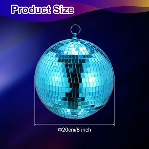 Detail of 20cm blue disco mirror ball featuring reflective glass tiles and hanging loop