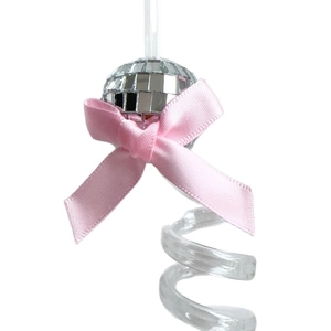 Detailed view of mirror disco ball ornament with a pink satin bow and clear plastic hook
