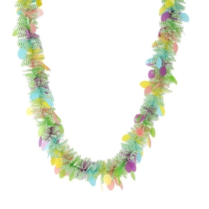 Festive green and white striped tinsel garland with colorful macaron plastic sequins